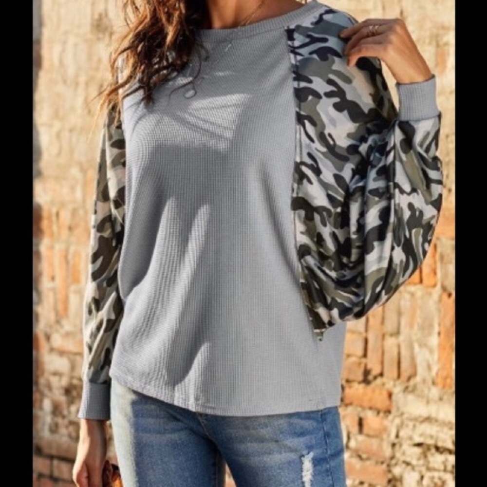 NEW Camo & Grey Off Shoulder LongSleeve Top - Picture 2 of 16